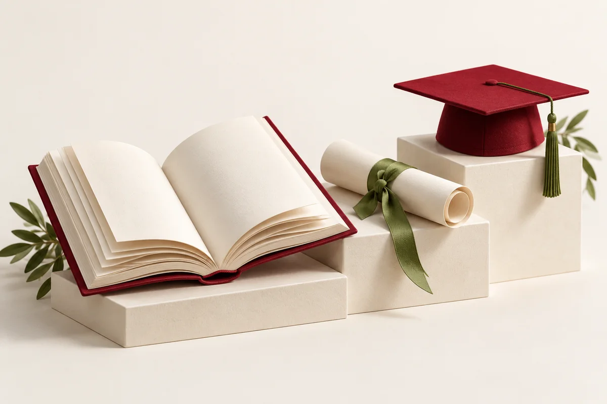 Learning management system concept: learning material, an assessment milestone and a completion certificate
